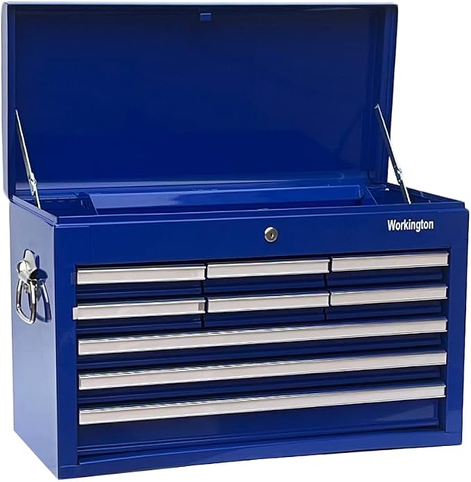 Workington Professional Industrial Portable Metal Tool Chest with 9 Drawers, 26" 9-Drawer Tool Chest Cabinet with Ball Bearing Drawer Slides, Steel Tool Storage Box Organizer 4016 Blue