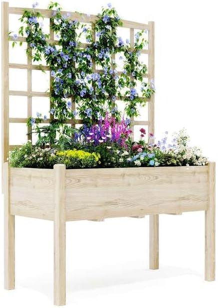 Jojoka Wooden High-Legged Raised Garden Bed with Climbing Trellis, Elevated Planter Box for Vegetables, Herbs, Flowers, Patio, Backyard