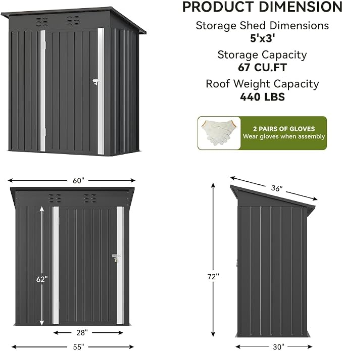COMHOMA Shed Outdoor Storage Shed Metal,Lockable Doors Tool Sheds with Sloping Roof,Steel Garden Shed with Air Vent for Backyard,Patio,Lawn,Poolside(Grey,5'*3') | Sloping Roof and Air Vent Perfect for Backyard Patio Lawn and Poolside
