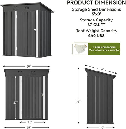 COMHOMA Shed Outdoor Storage Shed Metal,Lockable Doors Tool Sheds with Sloping Roof,Steel Garden Shed with Air Vent for Backyard,Patio,Lawn,Poolside(Grey,5'*3') | Sloping Roof and Air Vent Perfect for Backyard Patio Lawn and Poolside