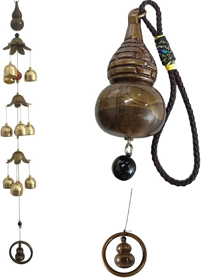 Good Fortune Bottle Gourd with Energy Bead Wind Chimes Copper Alloy 3 Layers+9 Bells for Outdoor Decorations Garden Yard Trees Or As A Good Gift