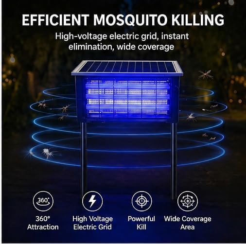 Solar Bug Zapper Outdoor, Pest Control Waterproof High Powered 4500v, Electric Mosquito Killer Rechargeable Mosquito Zapper Fly Trap for Terrace Garden Backyard, Patio Rv Approx 323-753 sq ft