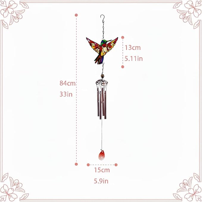 Wind Chimes for Outside, Amber Stained Glass Hummingbird Wind Chime, Deep Tone Memorial Gifts for Women Mom Grandma, Durable Metal Garden Patio Yard Window Decoration