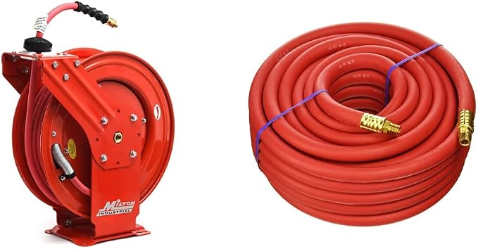 MILTON Strength Air Hose Reel w/Auto- Retractable Steel Dual Arm, 3/8" MNPT x 50 ft. Hybrid Rubber Hose & 1635 50 Foot EPDM 3/8" ID Rubber Air Hose