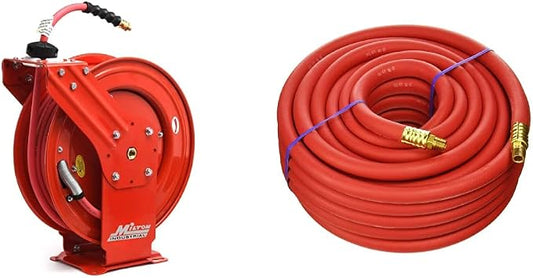 MILTON Strength Air Hose Reel w/Auto- Retractable Steel Dual Arm, 3/8" MNPT x 50 ft. Hybrid Rubber Hose & 1635 50 Foot EPDM 3/8" ID Rubber Air Hose