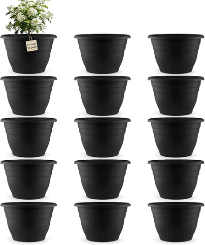 RooTrimmer 15 Pack 11 Inch Plant Pots with Drainage Holes,Black Plastic Flower Pots with Hanging Holes,Durable Planters for Indoor & Outdoor Plants,Nursery Pots