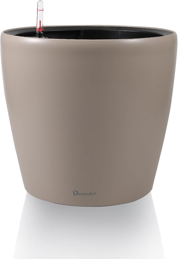 Dexceder 9x8 Self Watering Planter (Taupe Matte) | Inner Pot Design, Thickened Table Flower Plant Pot with Water Level Indicator Indoor Outdoor