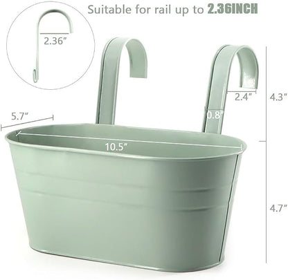 3 Pack Metal Railing Planters, 10.5" Oval Hanging Flower Pots with Detachable Hooks & Drainage Holes, Fits Rails up to 2.36", Galvanized Iron Fence Bucket for Balcony Garden Patio - Blue