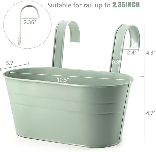 3 Pack Metal Railing Planters, 10.5" Oval Hanging Flower Pots with Detachable Hooks & Drainage Holes, Fits Rails up to 2.36", Galvanized Iron Fence Bucket for Balcony Garden Patio - Blue