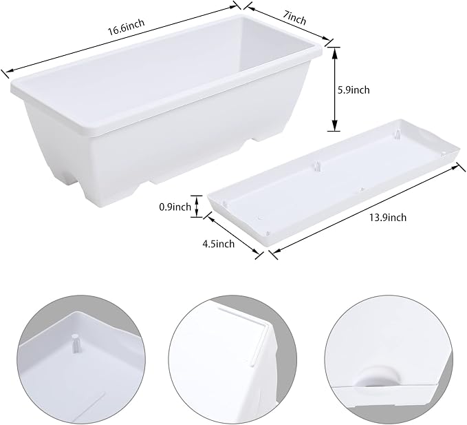 CHUKEMAOYI Window Box Planter, 7 Pack Plastic Vegetable Flower Planters Boxes 17 Inches Rectangular Flower Pots with Saucers for Indoor Outdoor Garden, Patio, Home Decor (White)