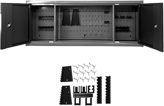 JZD Metal Wall Mount Cabinet 59" Long, Included 22 Hooks & Tool Holders, Space Saving for Workshop Storage Solutions