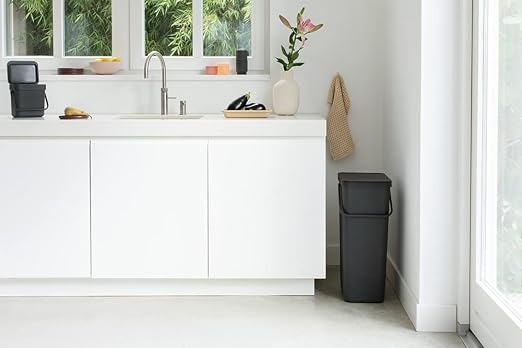 Brabantia Sort & Go Kitchen Recycling Bin | L / 10.6 Gal / 40L | Dark Gray | Removable Stay-Open Lid, Carry Handle | Trash Can for Bottles, Cans, Paper, Glass | Wall Bracket Sold Separately
