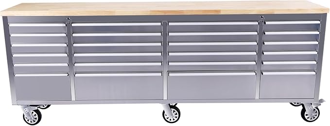 Heavy Duty 61" Tool Chest Cabinet, Mobile Garage Workbench with 24Drawers and Power Strip, Rubber Wood Worktop, 1675 LBS Load, Rolling Tool Storage Organizer for Mechanic, Shop or Home Use