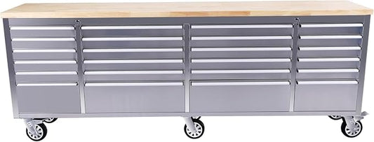 Heavy Duty 61" Tool Chest Cabinet, Mobile Garage Workbench with 24Drawers and Power Strip, Rubber Wood Worktop, 1675 LBS Load, Rolling Tool Storage Organizer for Mechanic, Shop or Home Use