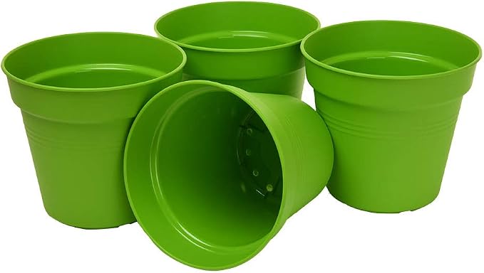 Mintra Garden Pots, 4 Pack Bulk Plastic Plant Pots with Drainage Tray, Round Indoor & Outdoor Decorative Planters with Drain Holes for Flowers, Herbs & Plants, 11cm Diameter – Light Green, 4.3 in