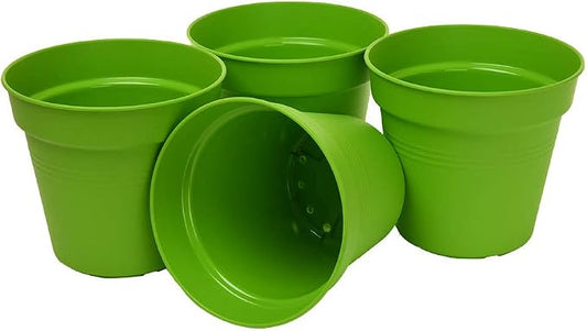 Mintra Garden Pots, 4 Pack Bulk Plastic Plant Pots with Drainage Tray, Round Indoor & Outdoor Decorative Planters with Drain Holes for Flowers, Herbs & Plants, 11cm Diameter – Light Green, 4.3 in