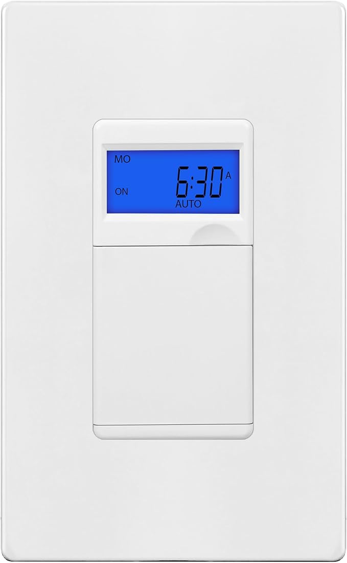 TG 7 Days Digital in-Wall Programmable Timer Switch for Lights, Fans, and Motors, Single Pole, Neutral Wire Required, 18 ON/Off Timer Settings, with Blue Backlight, White