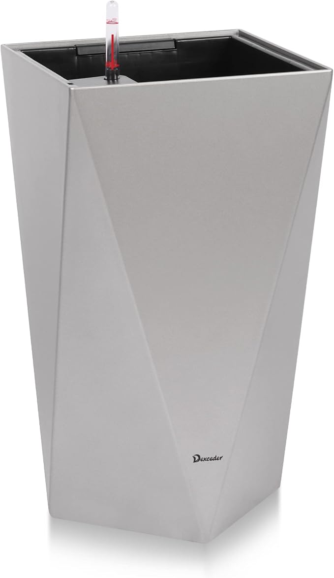 Dexceder 24 Inches Self Watering Tall Planter (Gray) | Diamond Metallic Matte, Thickened Rhombus Large Floor Standing Flower Plant Pot with Water Level Indicator Indoor Outdoor