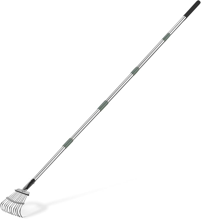 Amazon Basics Garden Rake, Leaf rake with 38.58" - 80.51" Adjustable Steel Handle, Gardening tools for Yard Work, Olive/Black/Silver