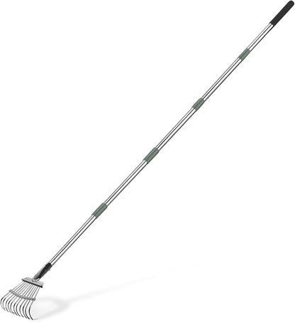 Amazon Basics Garden Rake, Leaf rake with 38.58" - 80.51" Adjustable Steel Handle, Gardening tools for Yard Work, Olive/Black/Silver