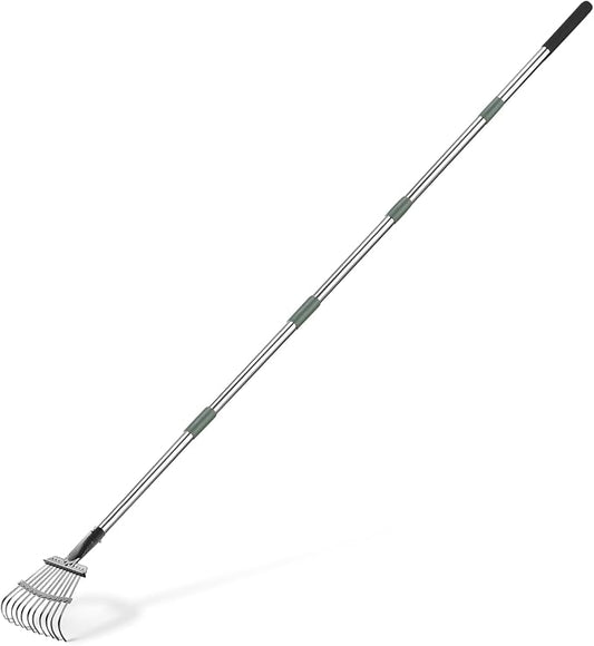 Amazon Basics Garden Rake, Leaf rake with 38.58" - 80.51" Adjustable Steel Handle, Gardening tools for Yard Work, Olive/Black/Silver