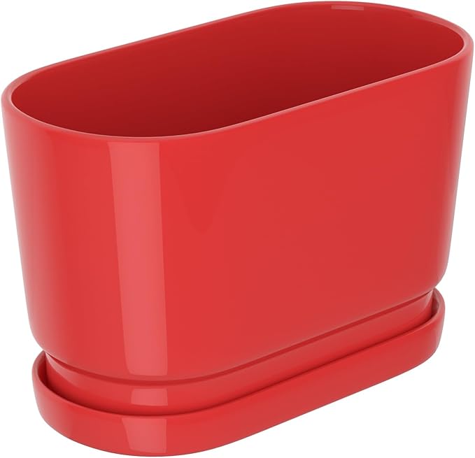 8.9" Rectangular Ceramic Planter with Drainage and Saucer, Red | Indoor Outdoor Use, 8.9"L x 4.5"W x 5.3"H, Modern Home Decor, Window Box Planter, Red Glossy Finish