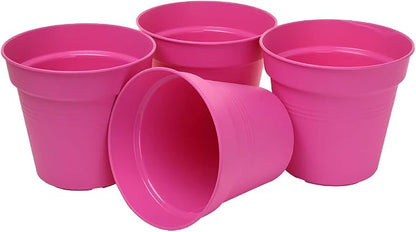 Mintra Garden Pots, 4 Pack Bulk Plastic Plant Pots with Drainage Tray, Round Indoor & Outdoor Decorative Planters with Drain Holes for Flowers, Herbs & Plants, 13cm Diameter – Fuchsia, 5 in