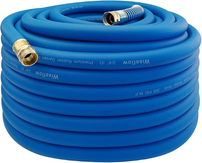Wiseflow Garden Hose 150FT x 3/4", Heavy Duty Rubber Hose, Water Hose with Five Layered Braiding, Male Female Fittings, 1200PSI Burst, 300PSI Working for Yard, Car Wash, Pets (Blue)