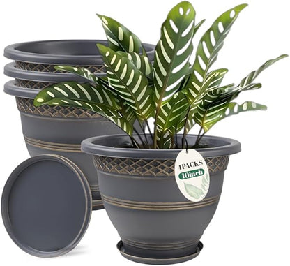 Usocik 10 Inch Plaid Plant Pots 4 Pack with Drainage and Saucers Gold | Gold plaid PP pots with drainage holes and saucers for herbs flowers succulents indoor patio porch