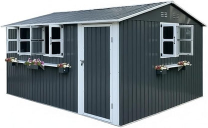 12x10 FT Outdoor Storage Shed,Tool Shed with 3 Openable Windows,Metal Building Backyard Shed w/Windowsill & Decorative Flower Rack,Lockable Single Door,Heavy Duty Waterproof,for Patio,Coal Gray