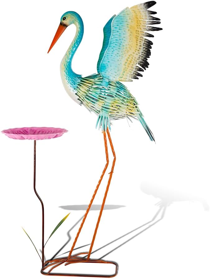 Large Heron Garden Statue for Outside,39" Crane Outdoor Statues with Leaf Tray,Metal Yard Art for Porch Backyard Patio Lawn Decor（Green+Pink）