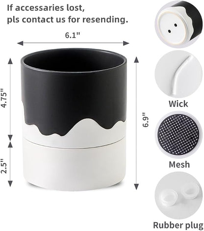 Nihow Ceramic Self Watering Plant Pot for Indoor Plants,6 Inch,Black White | Planter with Cotton Wick, Drainage Hole & Water Storage Plus, Cylinder Round Flower Pot, For Succulent/Herbs/Violets