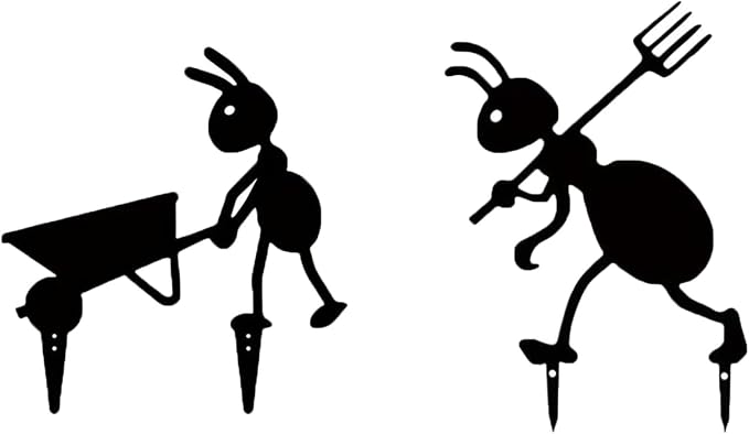 Set of 2 Ant Garden Stakes - Black Iron Metal Yard Art for Outdoor Decor - Laboring Ant with Cart & Ant with Fork - Garden Statues for Patio, Flower Beds & Farmhouse