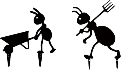 Set of 2 Ant Garden Stakes - Black Iron Metal Yard Art for Outdoor Decor - Laboring Ant with Cart & Ant with Fork - Garden Statues for Patio, Flower Beds & Farmhouse