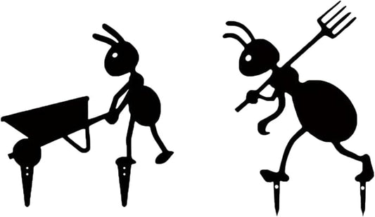 Set of 2 Ant Garden Stakes - Black Iron Metal Yard Art for Outdoor Decor - Laboring Ant with Cart & Ant with Fork - Garden Statues for Patio, Flower Beds & Farmhouse