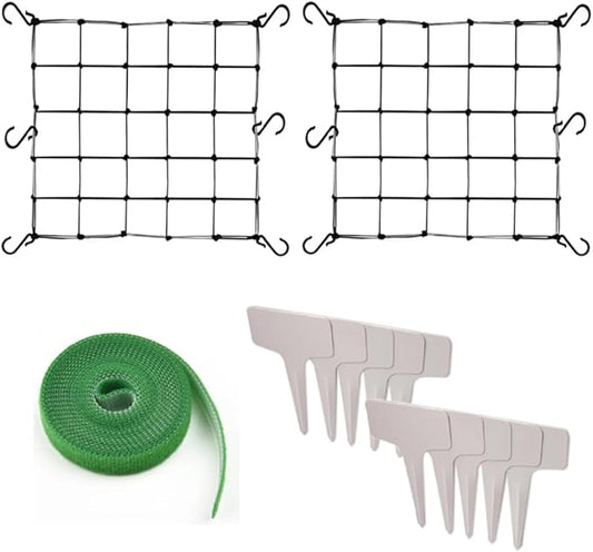 2 Pcs Scrog Net 2x2 FT Trellis Net for Grow Tent Elastic Trellis Netting with Hooks, Loop Tape, Garden Label for Indoor Plant Growing Tents Garden Plant Climbing Plants Support, Black
