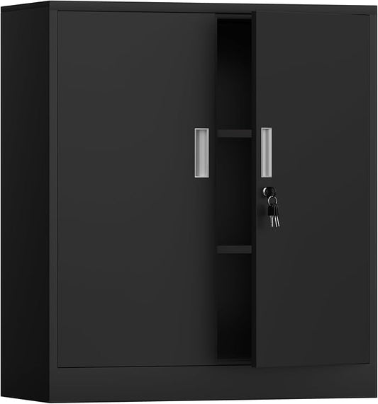 iJINGUR Metal Storage Cabinet with Locking Doors and 2 Adjustable Shelves, Small Lockable Storage Cabinet for Home Office Garage (Black)