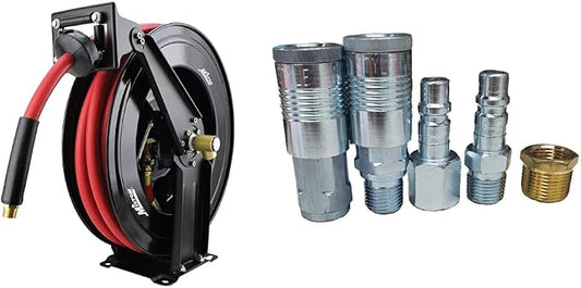 Milton 2780-50D - Steel Dual Arm Auto-Retractable Air Hose Reel, 1/2" x 50 ft. Rubber Hose - 300 Max PSI & (S-224) G-Style Coupler, Plug and Air hose Reducer Bushing Kit – 5 Pieces