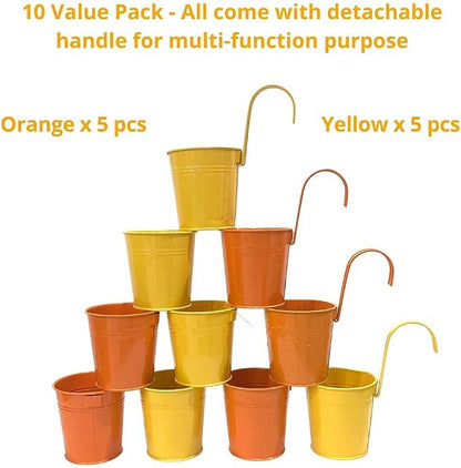 LaLaGreen Rail Planter for Outdoor Plants (4 in, 10 Pack) Orange Metal Pots | Fence rail planters for balcony, apartment, patio, porch, deck, herb, succulent, cactus, outdoor plants