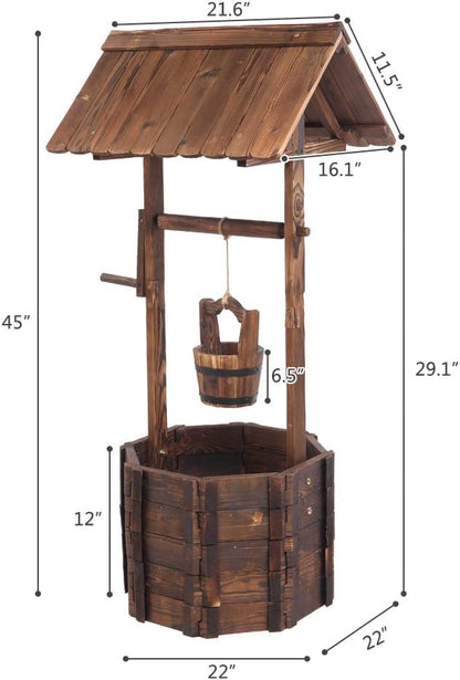 Rustic Wooden Wishing Well Planter Outdoor Home Décor for Patio, Garden, Yard w/Hanging Bucket, Brown