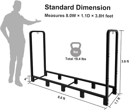 8ft Outdoor Firewood Rack, Upgraded Heavy Duty Logs Stand Stacker Holder for Fireplace - Metal Lumber Storage Carrier Organizer, Bright Black