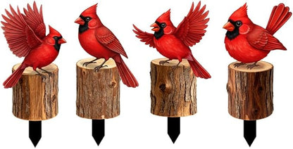 Set of 4 Metal Red Cardinal Birds on Stakes Outdoor Garden Decor - Yard Art Sculptures Standing on Wooden Post Style - Cardinal Gifts for Bird Lovers Patio Lawn Ornaments(Red Cardinal-c)