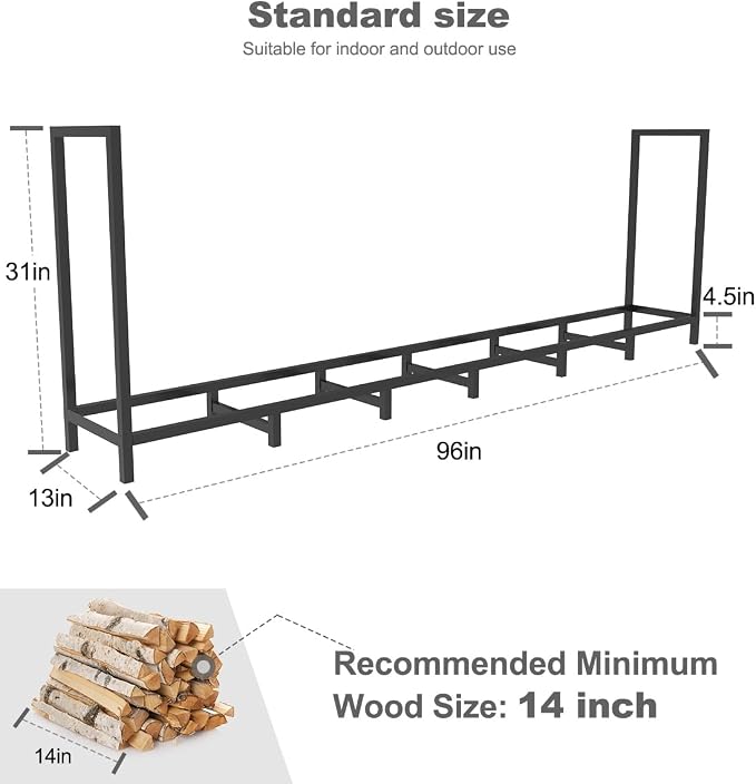8ft Outdoor Firewood Rack Holder with 14 Support Legs for Fire Wood Pile Storage, Adjustable Heavy Duty Log Stacker Stand Organizer, Black