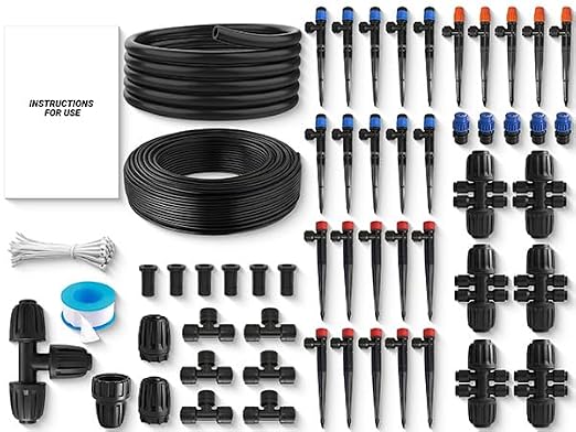 1/2" Drip Irrigation System Kit with 30 Adjustable Nozzles, PE UV-Resistant | Quick-connect, 2X Lifespan of PVC , Leak-Proof for Indoor Pots, 26FT 1/2" Main tube+ 100FT 1/4" Tube, 4 Nozzle Types