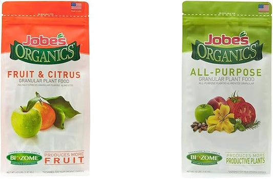 Jobe’s Organics 09226NA Granular Plant Food Fruit & Citrus, 4lbs, Brown & 09526 Organic All Purpose Granular Fertilizer 4-4-4, 4 lb