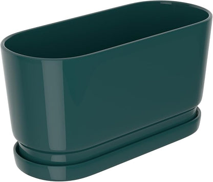 13" Rectangular Ceramic Planter with Drainage and Saucer, Green | Indoor Outdoor Use, 13"L x 5.5"W x 6.3"H, Modern Home Decor, Window Box Planter, Green Glossy Finish
