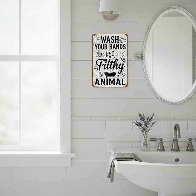 Funny Bathroom Wall Decor Metal Sign - Wash Your Hands You Filthy Animal, Humor Quote Gifts for Guest Bath & Office Restroom 8x12 Inches