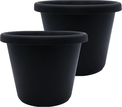 The HC Companies 14 Inch Classic Round Planter Pots with Drainage, Rolled Rim Plastic Planters for Indoor & Outdoor Plants, 2-Pack Decorative Flower Pots for Garden, Office & Home Decor, Black