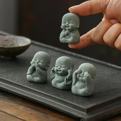 4Pcs Mini Zen Laughing Buddha Figurines Resin Praying Monk Statue Rustic Meditation Garden Ornaments for Bonsai Pots Landscaping Ornament
