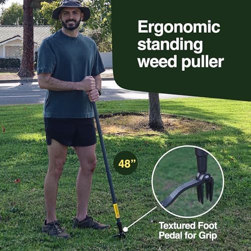 Rocklin Stand Up Weed Puller Tool Long Handle 48” | No Bending or Kneeling | 4-Claw Steel Head, Heavy Duty Dandelion Root Extractor & Weed Remover for Lawn